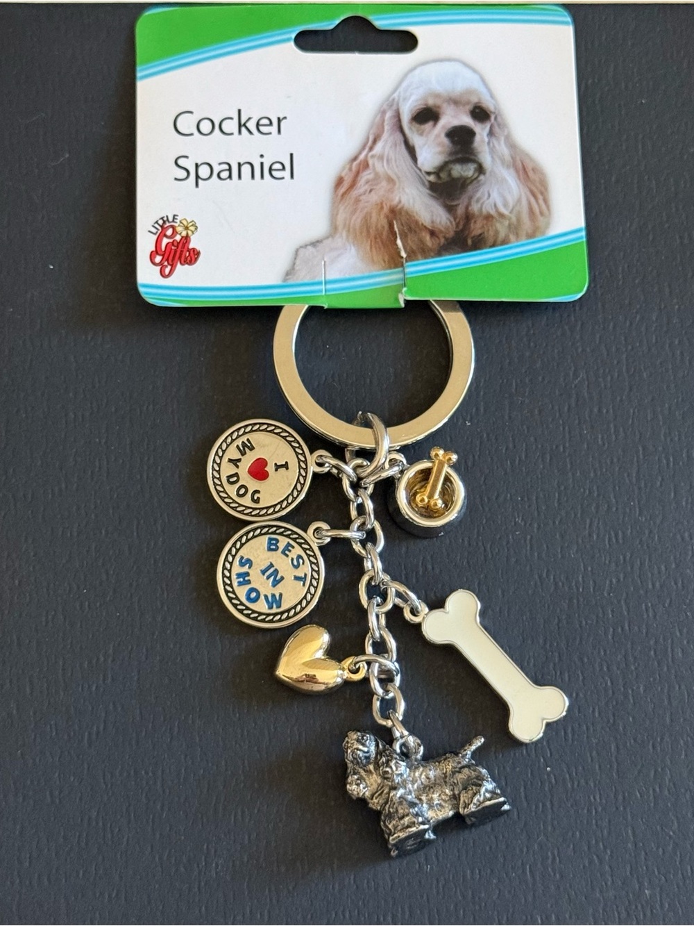 Cocker Spaniel Charm Keychain - Gold & White